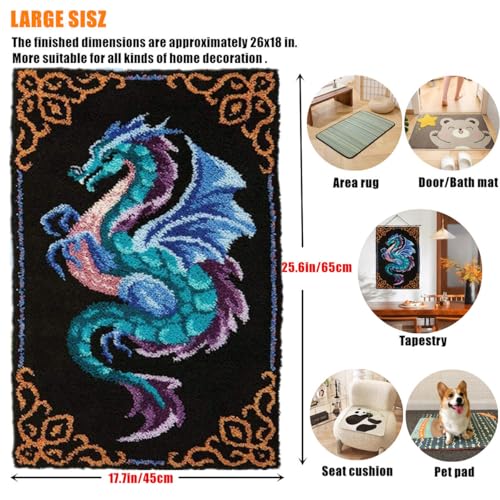 Image of EMISTEM Latch Hook Kits for Adults, Punch Needle Kit for Door Mat, DIY Large Size Tapestry, Crafts Arts Rug for Home Decoration Festival Gift (23.6 inch X 15.8 inch Blue Dragon)
