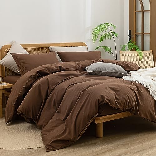 Image of BESTOUCH Cotton Solid Duvet Cover Set Cocoa Brown California King | 100% Washed Cotton, Soft Wrinkle Texture, Hidden Zipper, 8 Ties, Breathable Lightweight Durable Comfy, 3 Pcs No Insert
