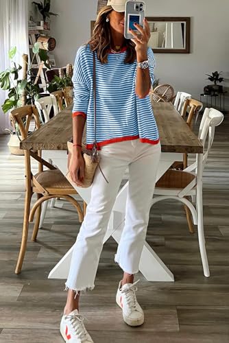Image of Womens Striped Lightweight Cotton Sweaters Long Sleeve Crew Neck Color Block Casual Knitted Pullover Tops