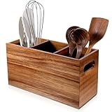 Zyghjort Wooden Utensil Holder, 3 Compartment Spatula Holder Natural Acacia Wood Silverware Organizer Large Boho Rustic Cooking Tool Caddy for Farmhouse Kitchen Counter Decor and Storage Spoons