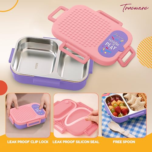 Image of Trueware BRIX Fun Food and Play 304 Stainless Steel PU Insulated Lunch Box with Two Compartment BPA Free, Food Grade Ideal for School, Picnic, Office & Outdoor - 540ml (Pink)