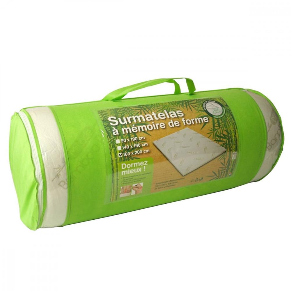 Surmatelas à mémoire de Forme 5 cm – Visco et Fibres de Bambou – Confort Ergonomique – Anti-Allergique – Déhoussable et Lavable