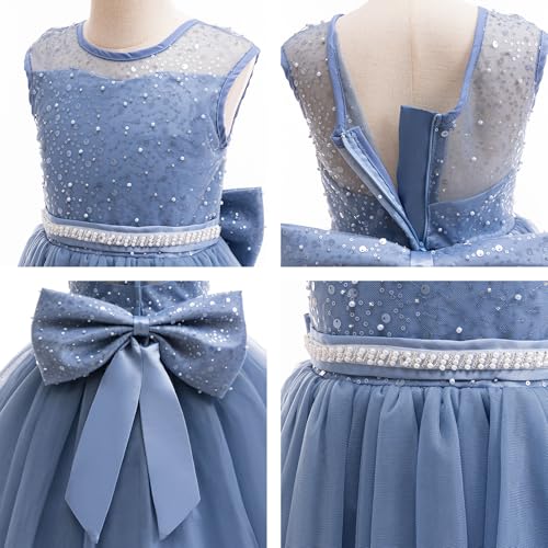 Girls Sequin Tulle Dress Formal Pageant Sparkly Birthday Party Wedding Guest Ball Gown Dresses with Bow4