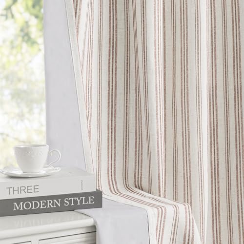 Image of MYSKY HOME Taupe Striped Curtains 100% Blackout Tan Stripe Patterned 96 Inches Long Farmhouse Rustic Linen Blend Double Layer Drapes for Bedroom Living Room, Grommet, 2 Panels, 52 inch Wide