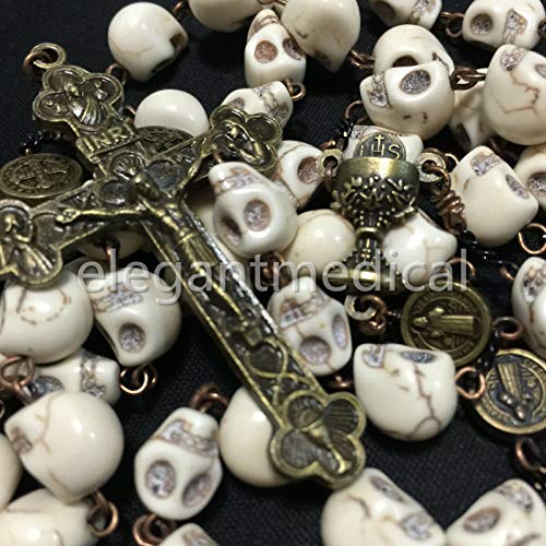 elegantmedical Catholic XL10MM howlite skull beads Antiqued Rosary Cross Bronze Cross Necklace Catholic GIFTS2