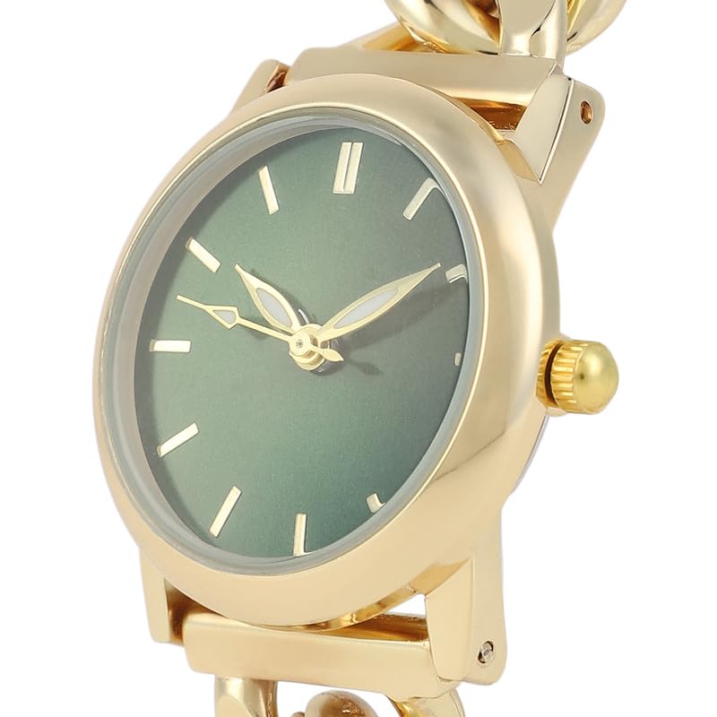 Image of Haute Sauce Women's The Sova Chainlink Round Watch | Gold Stainless Steel Strap | Emerald Green Dial | One-Size | Foldover Closure | Quartz | Analogue | Wrist Belt Watch for Female & Girls