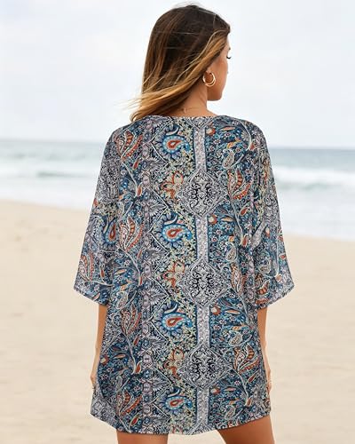 Image of Women's Floral Print Puff Sleeve Kimono Cardigan Loose Cover Up Casual Blouse Tops 2026