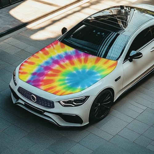 Image of Tie Dye Spiral Car Hood Covers for Automobiles, Rainbow Gradient Tie-Dye 3X5FT Stretchable Polyester Suitable for Most Vehicles Sedans Trucks, Car Bonnet Banner