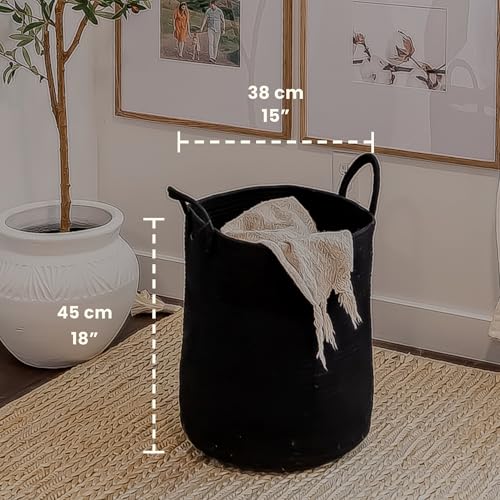 Image of OrganiHaus Tall Cotton Rope Laundry Basket & Hamper, Blanket Storage 52L | Full Black - Tall Cotton Rope Hamper, 52L