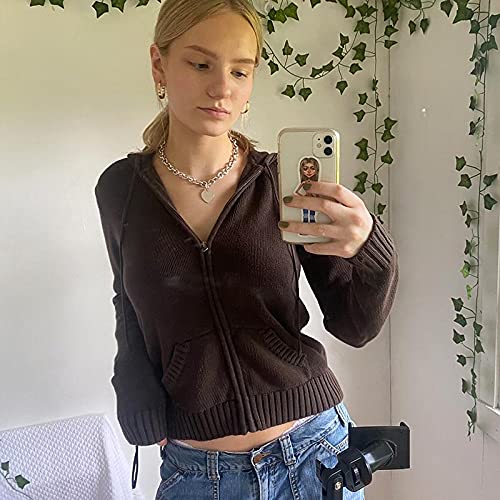 Kmbangi Zip Up Crop Hoodies For Women Vintage Graphic Hooded Pullover Y2K Oversized Drawstring Sweatshirt Jacket With Pockets(A Brown Knit,M) #TOP2