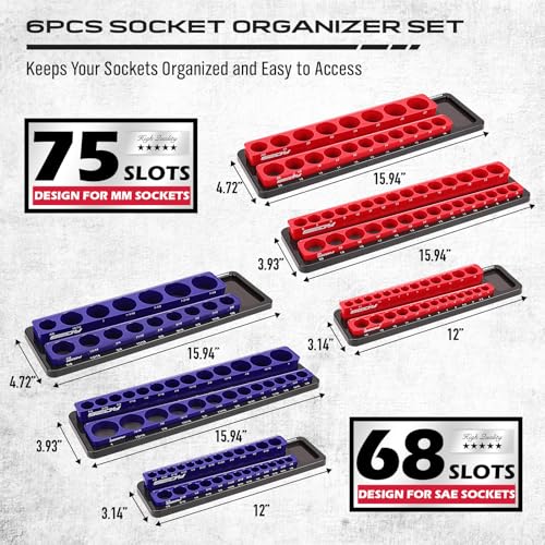 Image of 8-Piece Magnetic Socket and Wrench Organizer Set, Metric & SAE, 1 /4 inch, 3 /8 inch, 1 /2 inchDrive Detachable Socket Storage Tray, 24-Slot Wrench Holder with Non-Slip Handle & Lock Cover for Toolbox Drawer Storage