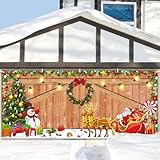13 x 6 FT Christmas Garage Door Cover Banner Backdrop Decorations - Extra Large Rustic Barn Wood Door Snowman Santa Claus Gifts Design Hanging Garage Door Background for Indoor Outdoor House Décor