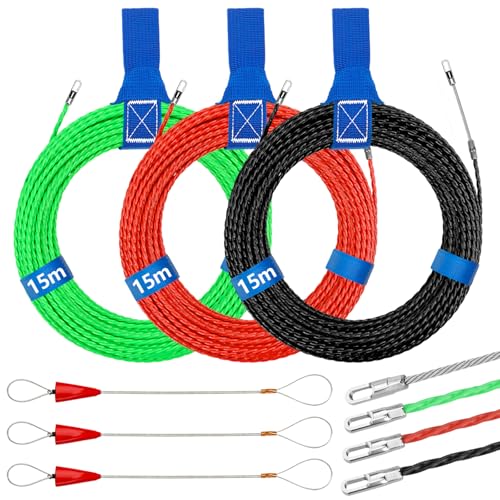 3 Pièces Aiguille Electricien, 15m Tire Fils Electrique 3mm Diamètre Aiguille Tire Fil, Tire Cable Électrique avec 6 Tête Flexible de Guidage, Aiguille Passe Cable, Vert, Rouge, Noir, Bleu