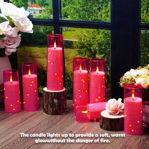 Image of Sasigeiaa Flameless Candles with Embedded Star String - Battery Operated LED Candles, with Remote,12 Pink Flickering Candles for Christmas, Weddings, Home Decor & Party,(D 2.3 inchxH 5 inch 6 inch 7 inch)