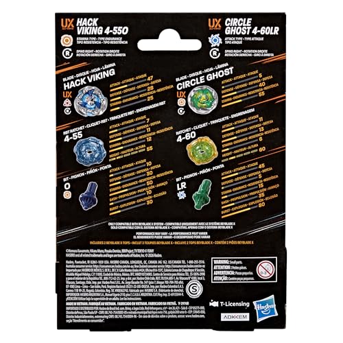 Image of Beyblade X Circle Ghost 4-60LR UX & Hack Viking 4-55O UX Takara Tomy Dual Pack Set with 2 Right-Spinning Tops, Battling Tops Game Toys, Ages 8+