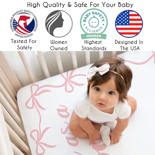 Image of Sweet Jojo Designs Fitted Baby Crib Sheets (Pink Bows) for Girls, Infant Nursery, Toddler Room - Standard Size (Photo Op, Elegant Cute as a Bow for the Ballerina, Dancer, Princess, Ballet Collection)