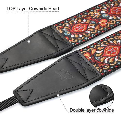 Image of Padwa Lifestyle Red Flower Camera Strap - 2 inch Full Grain Leather Ends Camera Straps for Photographers, Vintage Embroidered Cotton Weave Soft Suede Fabric Padded Strap Quick Release fits All Cameras