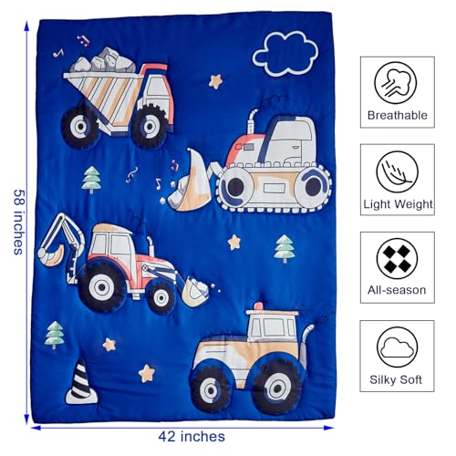 Image of Construction Toddler Bedding Set for Boys,4 Pieces Blue Toddler Comforter Set,Truck Vehicles Excavator Cars Printed,Soft Crib Bed Sheets Set Includes Comforter,Flat Sheet,Fitted Sheet and Pillowcase
