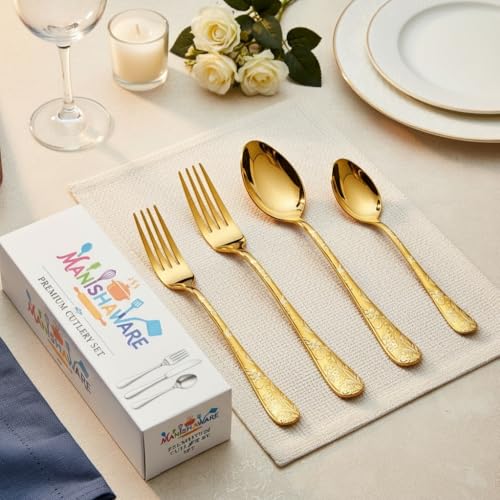 Image of Classic Gold 24 Pcs Stainless Steel Cutlery Set for Dining Table, Dishwasher Safe Glossy Flatware (Perfect Spoon Fork Set)