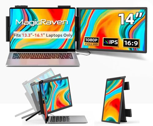 MagicRaven Laptop Screen Extender, 14" 1080P Portable Monitor, Type-C HDMI Plug and Play for 13.3" - 16.1" Laptops, 270° Rotation Attachment Display for Windows/MacOS/Chrome Laptop Phone