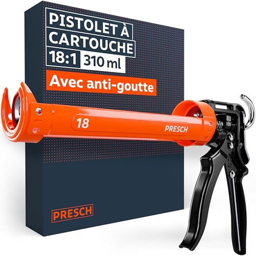 Presch Pistolet silicone 18:1 rapport de poussée avec anti-goutte – Pistolet à cartouche jusqu’à 310ml (viscosité moyenne, colles de construction) – Pivotement 360° et aiguille de perçage