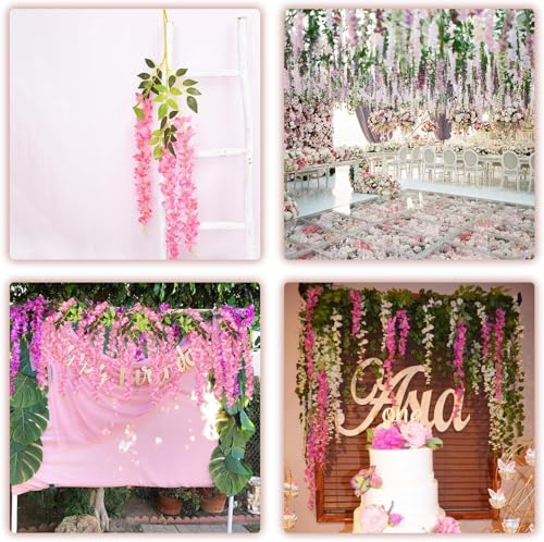 Image of SATYAM KRAFT 6 Pcs (43.2 inch) Artificial Wisteria Vine Garland | Long Silk Hanging Flowers String for Wedding Decoration Items, Mandap, Birthday Party, Festival Event & Home Decor (Dark Pink)