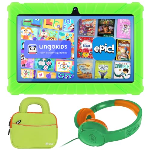 Image of Contixo 7 inch Kids Tablet Bundle, Tablet with Headphones & Sleeve Bag - Green
