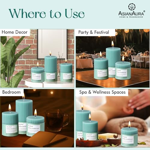 Image of ASIAN AURA Ribbed Pillar Candles - Pack of 3 | Scented Candles for Home Decor, Gifting & Festive Use | Long Burn time up to 36hrs | Clean-Burning Wax & Smokeless Flame (Indian Sandalwood)