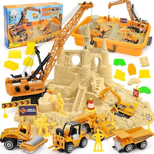 Sable Magique, Chantier de Construction Bac à Sable Magique avec 1000g Super Sand, Grue Jouet, 5 Mini Véhicules & 14 Moules de Sable, Jouets Sensoriels...