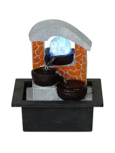CHRONIKLE Polyresin Decorative Table Top Indoor Home Decor 2 Diya Steps Waterfall Fountain with LED Lights, Water Flow Controller Pump and Rotating Ball (Size: 23 x 21 x 18.5 CM | Color: Multi)