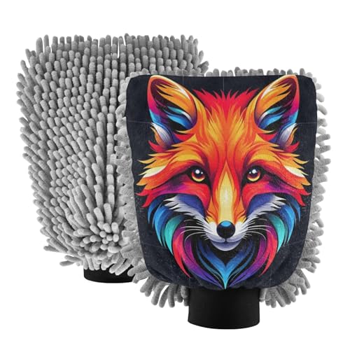 ALAZA Fox Portrait Car Wash Mitt Scratch Free, 2 Pack Absorbent Microfiber/Chenille Washing & Drying Mitts, M
