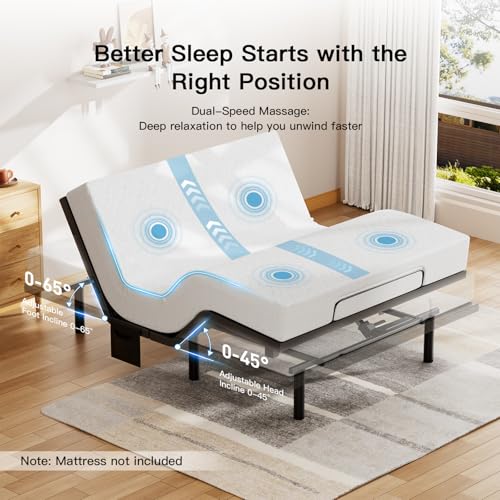 Image of Pipishell Split King Adjustable Bed Frame with Massage, Electric Bed Base with Head & Foot Incline, USB-A & USB-C Ports, LED Under-Bed Lighting, 4 Leg Height Options, and Easy 3-Step Assembly
