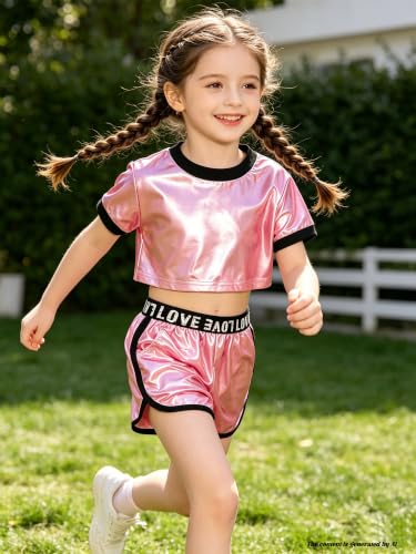 Image of Betusline Girls Summer 2 Piece Outfits,Kids Short Sleeve Crop Top & Shorts Set with Side Pockets