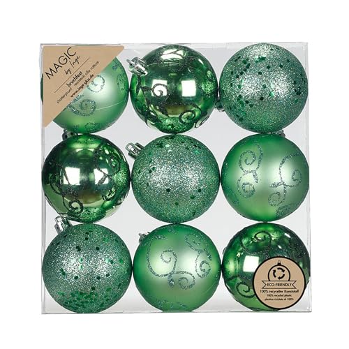 Inge-glas Weihnachtskugeln Kunststoff 6cm 9er Set - bruchsicher & mit Glitzer Muster - Christbaumkugeln für Weihnachtsbaum - Weihnachtsbaumkugeln & Christbaumschmuck Salbeigrün - Paradise Green