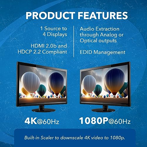 image for OREI 1x4 2.0 HDMI Splitter with Scaler Audio Extractor 4 Ports with Fu