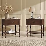 AMERLIFE 24' Walnut Nightstand Set of 2, Vintage Bedside Table for Bedroom, Solid Wood Night Stand with Turned Legs, End Table with Drawer & Open Shelf, Walnut Finish
