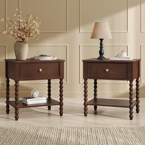 AMERLIFE 24' Walnut Nightstand Set of 2, Vintage Bedside Table for Bedroom, Solid...