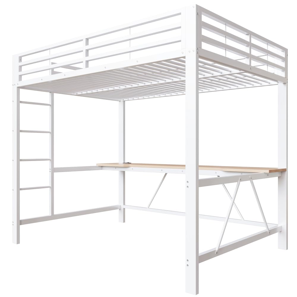 Litera de 140 x 200 cm con tira LED, USB, cama alta para niños con escritorio, ahorra espacio, estructura de cama de metal para juegos con riel, sin colchón, apto para dormitorios y otros (blanco)