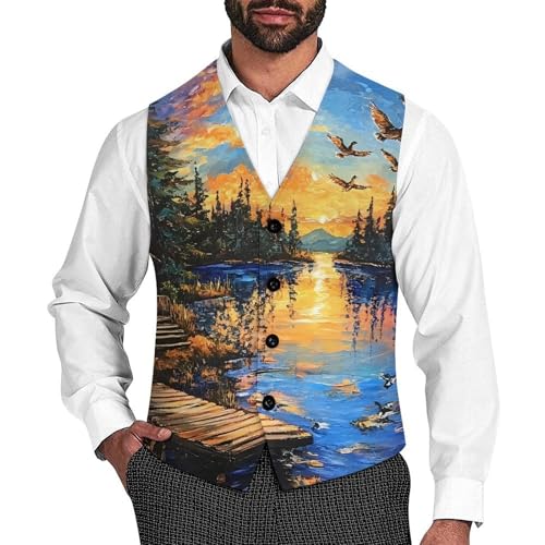Lake Wooden House Ducks At Sunset Men's Formal Suit Vest for Business Formal Or Casual Dress Waistcoat Wedding