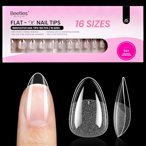 Beetles Gel Nail Tips Flat-X - Almond Short, 160pcs 16 Sizes, Pre-Etched Half Matte Full Cover Soft Acrylic  Nail Tips Clear Press on Easy DIY Extension Salon for Flat & Natural Nail Beds