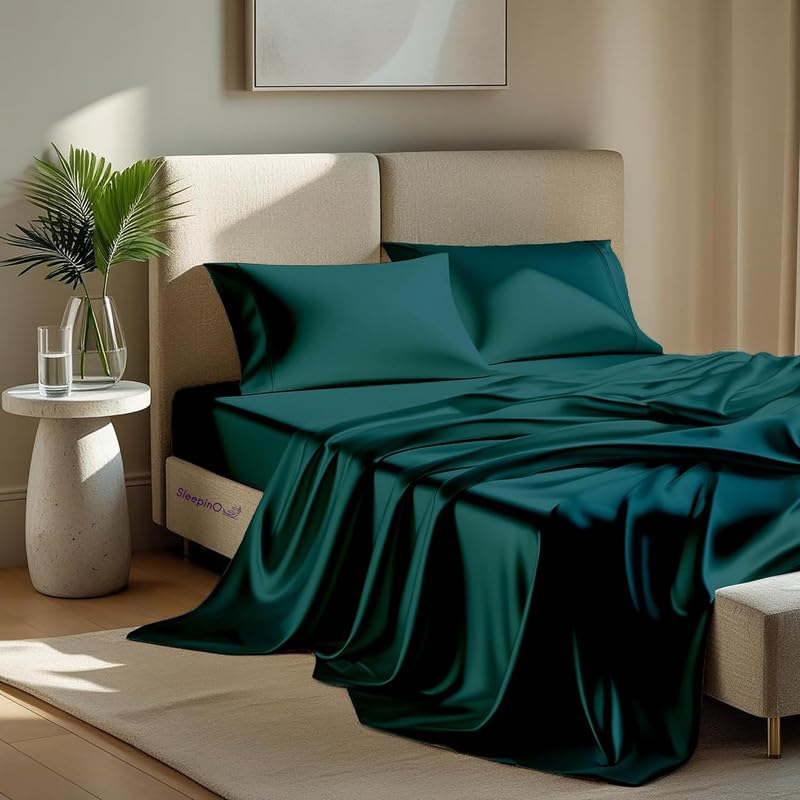 Image of Premium Satin Double Bed (90x100 Inchs) with 2 Pillow Cover Bedsheet Ultra Soft & Silky Smooth, Breathable Cooling Fabric, Luxury Glossy Finish|Teal