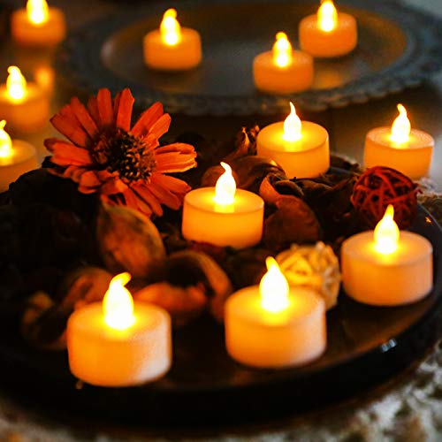 Realistic Bright Flameless LED Tea Light Candles, Bright, Flickering, Battery Powered Fake Candles, Unscented Tealights, Pack of 50