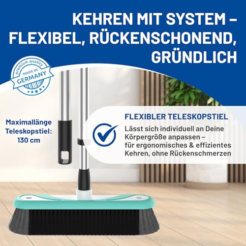 Rival Besen mit umlaufender Gummierung & Teleskopstiel türkis – Besen & Stiel mit Besatz aus Rosshaarmischung – ergonomisch geformter Teleskopbesen – Kehrbesen für Drinnen & Draußen