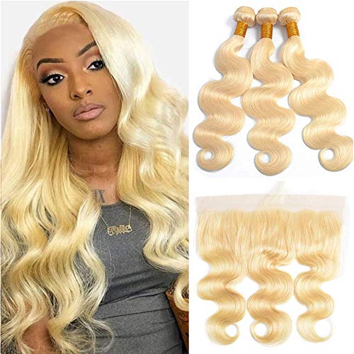 613 Human Hair Bundles With Frontal Blonde Peruvian Body Wave 3 Bundles With 13x4 Lace Frontal Pre Plucked 10A Honey Blonde Weave 100% Human Hair Extensions (242628+20inch, 3 bundles with frontal)