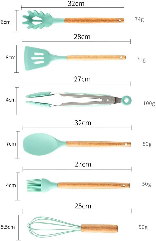 Kochutensilien, 12-teiliges Küchenutensilien-Set mit Halter, Silikon-Kochutensilien-Sets, Holzgriff, antihaftbeschichtetes Kochgeschirr-Set, grüne Kochutensilien-Sets