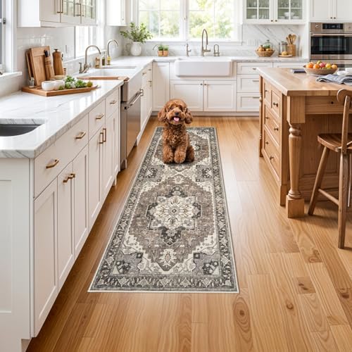 Washable Kitchen Runner Rug 2x6 - Hallway Rugs Low Pile Entryway Carpet Vintage Farmhouse Soft Non-Slip Stain Resistant Indoor Floor Distressed Mat Home Decor for Bedside Bathroom Entrance(Beige,2x6)