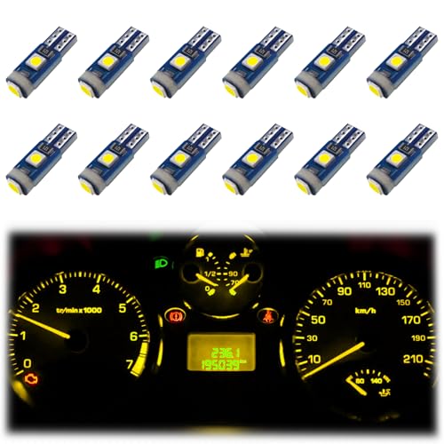 Image of ecocstm 12 PCS T5 LED Bulbs, 74 73 37 2721 Instrument Cluster Light Bulb, 12 Volt Bright Canbus Error Free LED Dashboard Light Bulb, 3030 SMD Automotive Replacement Bulbs (Yellow)