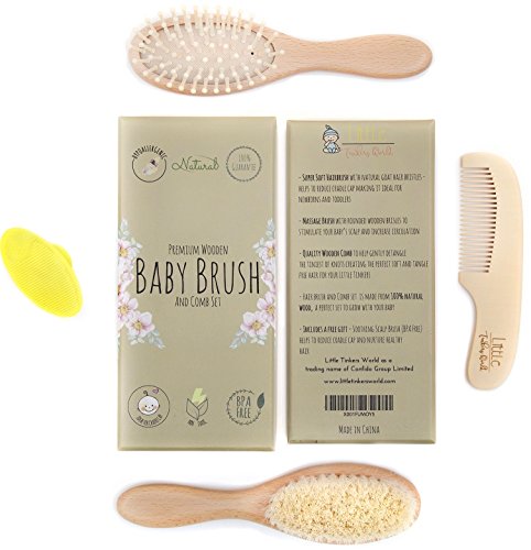 Wooden Baby Hair Brush And Comb Set (4-Piece) For Newborns And Toddlers | Ideal For Baby Cradle Cap | Wood Bristles Baby Brush | Baby Massage And Scalp Brush | Perfect For Baby Registry Gift Set #TOP2