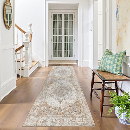 jinchan Runner Rug 2x10 Washable Hallway Rug Vintage Distressed Runner Indoor Thin Traditional Floral Print Mat Lightweight Non Slip Carpet for Kitchen Bathroom Bedroom Living Room Taupe