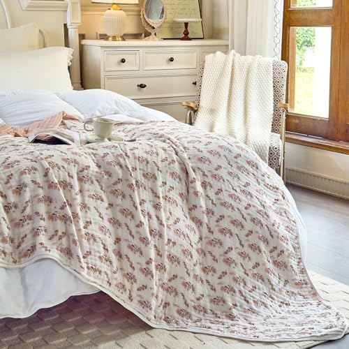 Image of SANACYNA Muslin Blankets 100% Cotton 6-Layer Gauze Queen Floral Bed Blanket Lightweight Soft Breathable Blanket for Sofa Bed Coverlet Both Sides (Floral, Queen 90 inch X 90 inch)